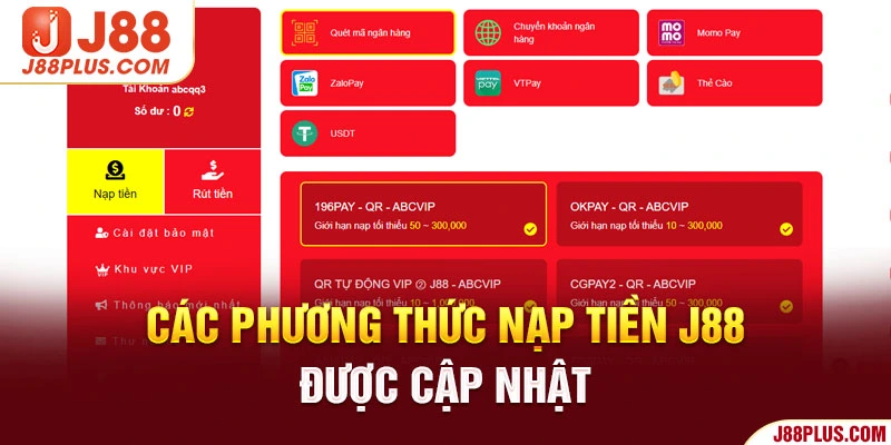 Các phương thức nạp tiền J88 được cập nhật 